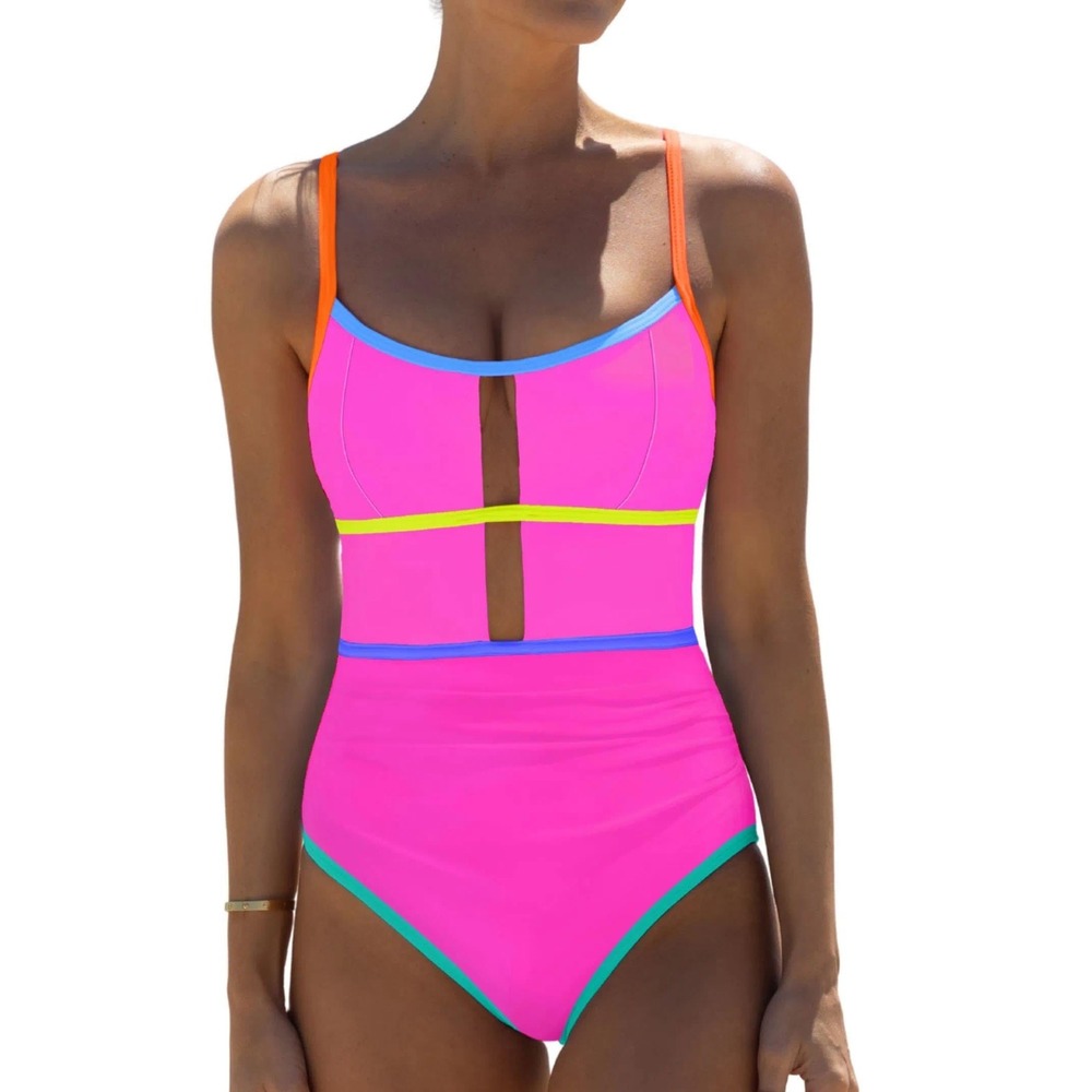 NWT Popvil Neon Colorblock One Piece Swimsuit Tummy Control Cutout Pink Medium